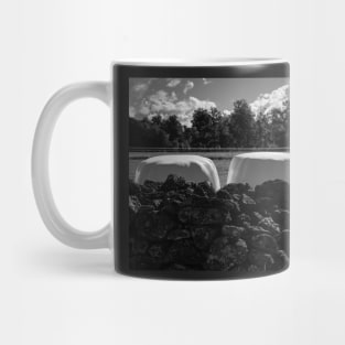 Dramatic clouds in the sky over the dark Swedish forest and the  white rolls with straw, Mug